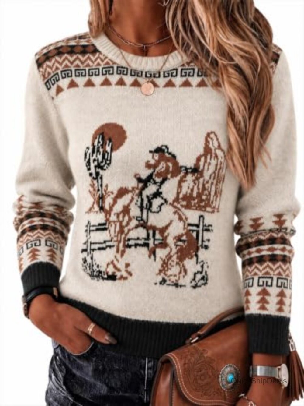 Western Cowgirl Horse Print Pullover Sweater Crewneck Long Sleeve